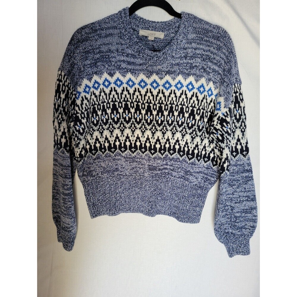 LOFT Womens Fair Isle Nordic Knit Sweater Sz Large Blue Crewneck